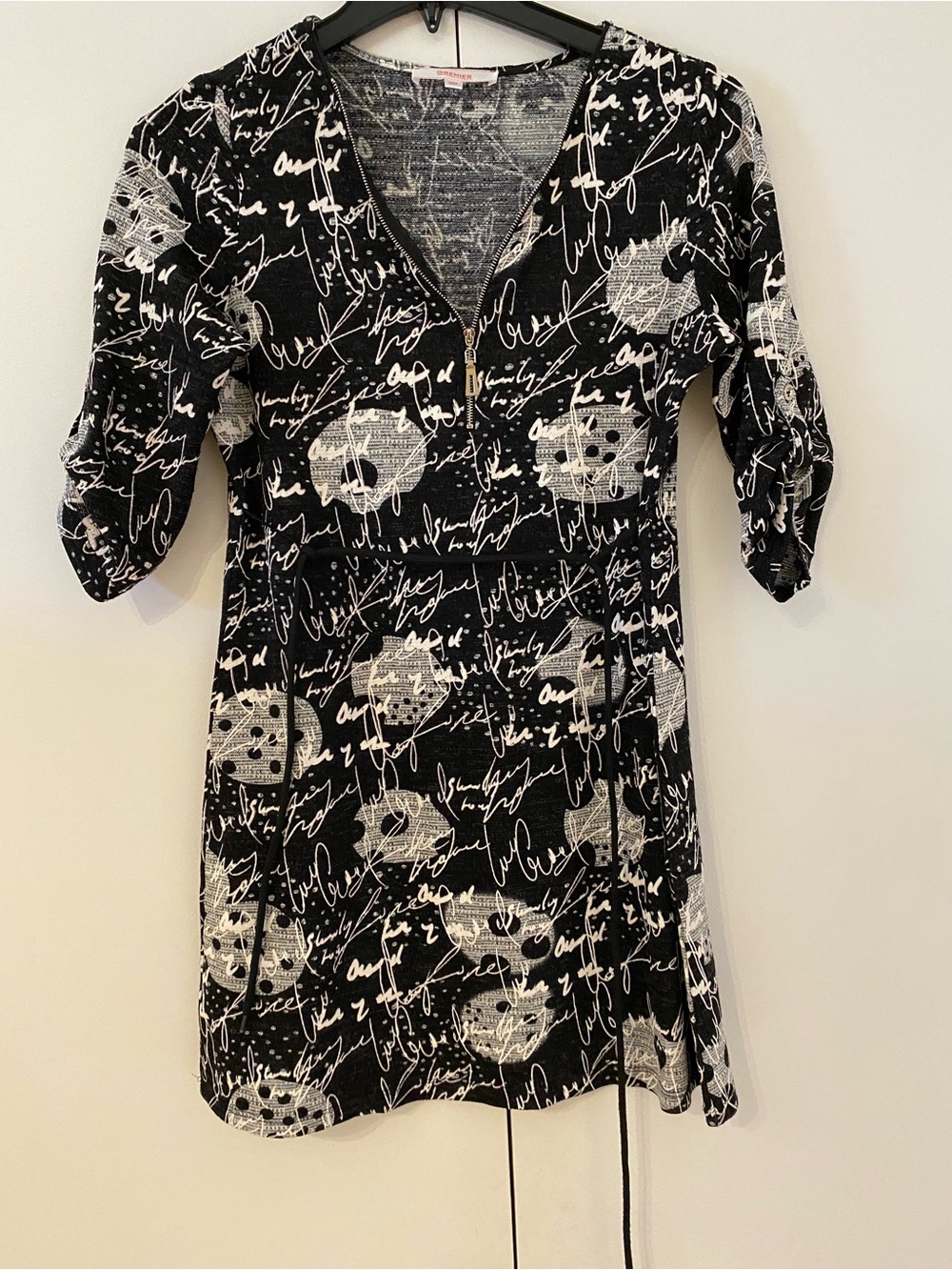 Black & White Script Print V-Neck Dress